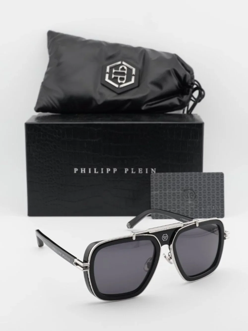 Philipp Plein SPP109M 0700 Aviator Sunglasses – Shiny Black/Grey